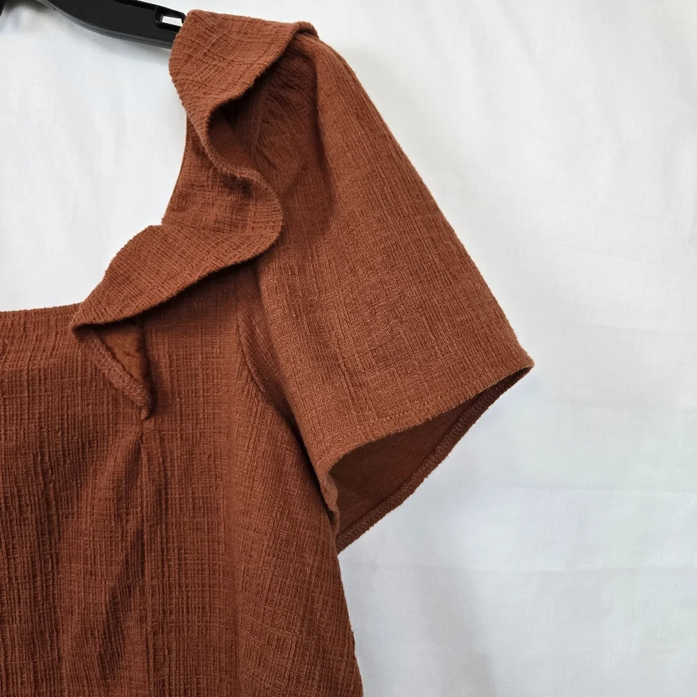 Madewell Women's Rust Orange Crosshatch Ruffled Short Sleeve Career Blouse Large